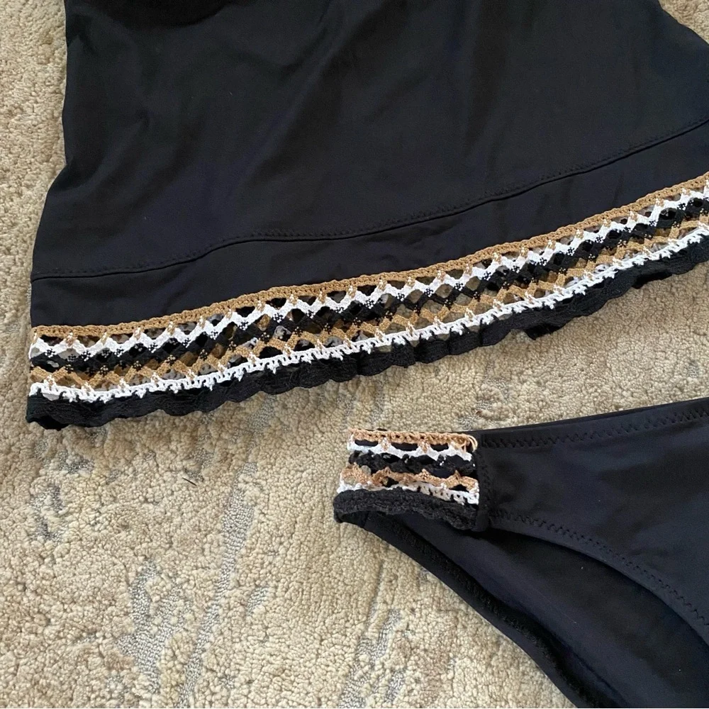 Becca Fiesta Bikini Set Matching 3 Piece Crochet Black Triangle Wireless Bra: L